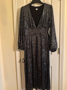 Women’s VENUS Black Sequin V-Neck Open-front Maxi Formal Dressy NEW